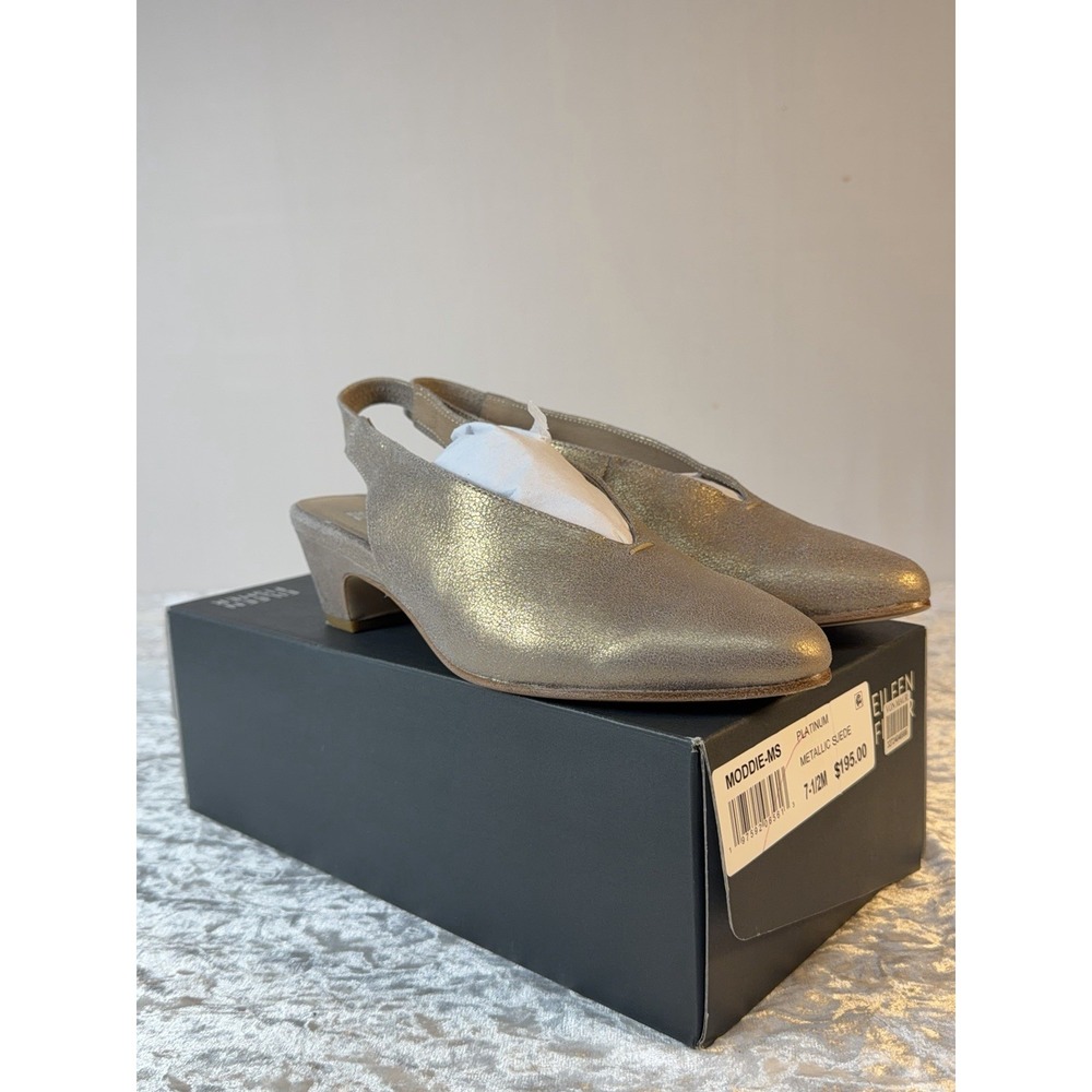 Eileen Fisher Moddie Metallic Suede Slingback Low Heel Shoes Platinum 7.5 M